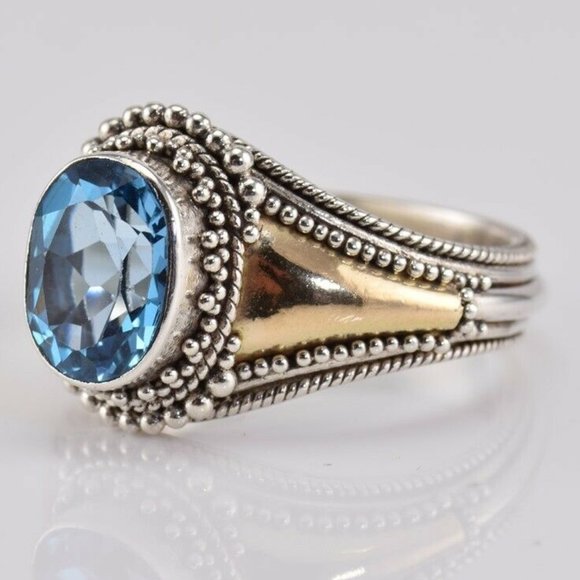 SUARTI BALI BA Sterling Silver & 18K Gold 2.5CT Blue Topaz Ring Dotted Size 8.75 - Picture 3 of 5